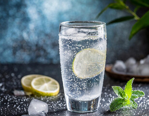 Bicchiere di acqua ghiacciata naturale o frizzante. 
Acqua con limone o lime. Cocktail alcolico o analcolico - obrazy, fototapety, plakaty