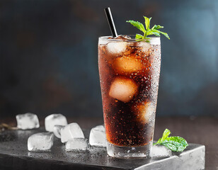 Bicchiere di cola ghiacciata. Cocktail analcolico o alcolico - obrazy, fototapety, plakaty