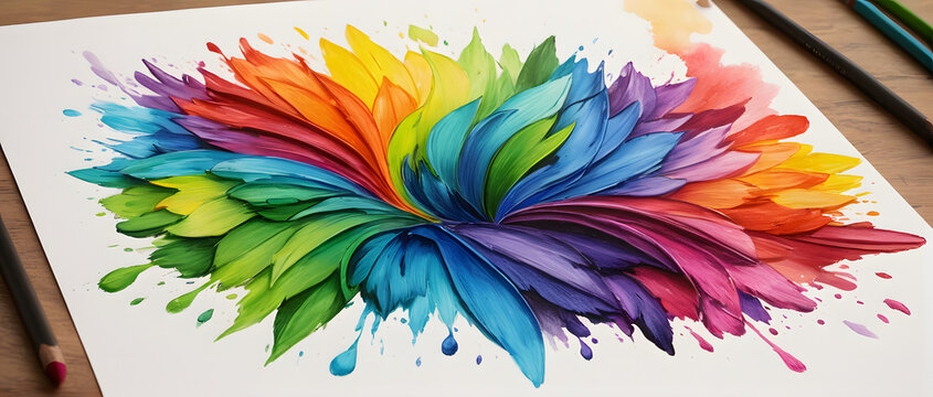 An artful watercolor depiction of a multicolored feather with vivid splashes on white canvas