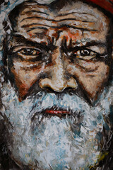 Oil painting of an old bearded man with kind eyes