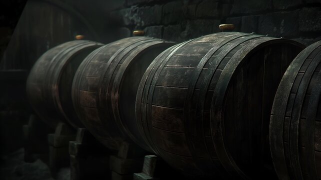 wine barrels in cellar on dark background , old casks on the dark room