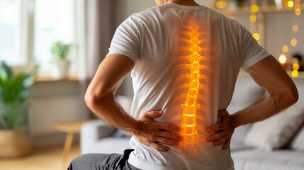 A person suffering from Back Pain. glow on spine of bad posture, office syndrome backache, and stress of the body.	
