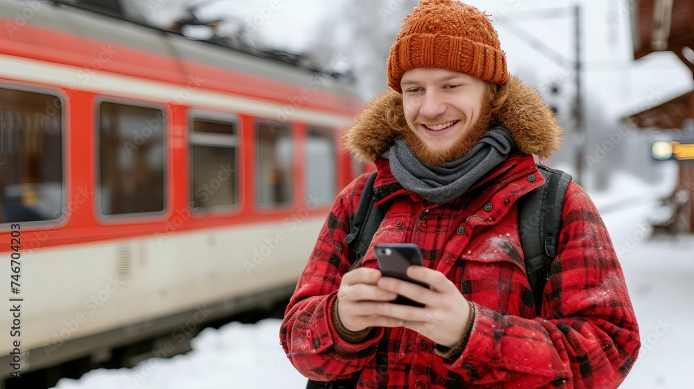 Poster man using mobile phone while waiting at train station platform for train to arrive