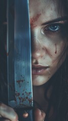 A haunting portrait captures a woman's piercing blue eyes through a bloodstained knife. The raw emotion and vivid details suggest a story of survival and defiance.