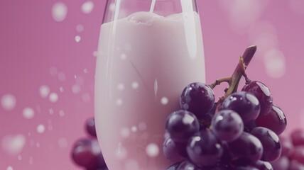 dynamic splash of grape milk in a glass, with floating grapes and calcium molecules, symbolizing its health benefits