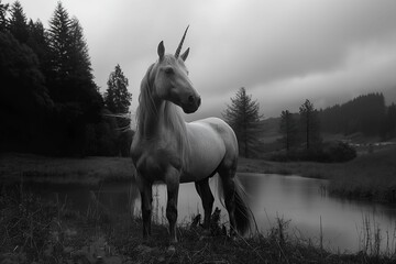 unicorn near in the lake , black and white realistic illustration