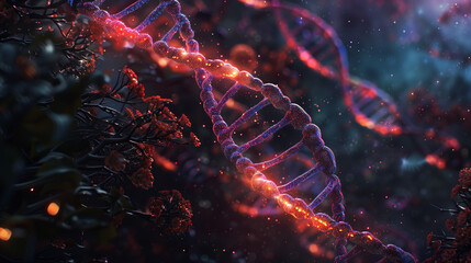 An abstract photograph of human DNA incorporated into the universe