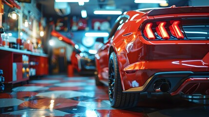 Red Mustang in a Garage Cinematic Lighting and Anamorphic Lens Flare - obrazy, fototapety, plakaty