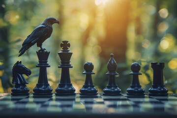 Chess pieces on board with eagle shadow overlay, symbolizing strategy, blur forest backdrop. - obrazy, fototapety, plakaty