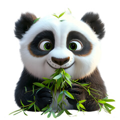A 3D animated cartoon render of an adorable baby panda eating bamboo shoots.