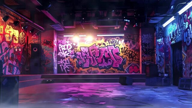 The stage is set for a hip-hop extravaganza, adorned with graffiti-style art that pulses with urban energy, Seamless looping 4k video background animation