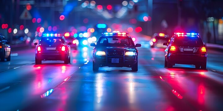 Police pursuit fastmoving vehicles in blurred motion under cover of night. Concept Police Pursuit, Fast-moving Vehicles, Blurred Motion, Night Scene, Action-packed
