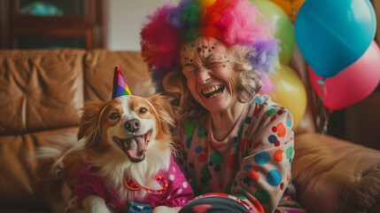 Happy little granddaughter and grandma in clown wigs stroking dog, sitting on couch, laughing, looking at camera for funny portrait, meeting for playtime at home party, celebrating birthday - obrazy, fototapety, plakaty