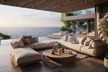 Obraz premium luxury interior of a contemporary design of a living room with sea view terrace