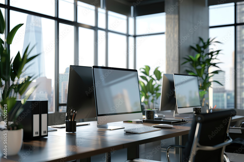 Poster corporate office with modern computers in a row