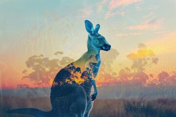 A kangaroo silhouette merged with the outback landscape of Australia in a double exposure - obrazy, fototapety, plakaty