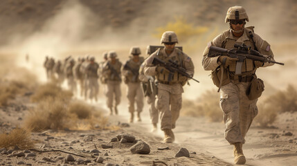Army infantry soldiers moving by foot through the desert.  - obrazy, fototapety, plakaty