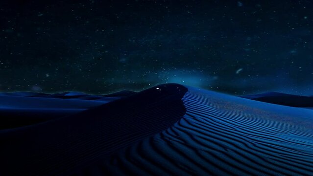 Sandy mounds in the Middle East with the effect of reflecting the blue night sky accompanied by the exotic dance of the galaxy's aurora sky. Generative Ai