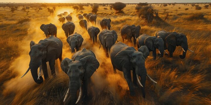 Elephant herd led by matriarch navigating strategic savannah, exemplifying nature's leadership.
