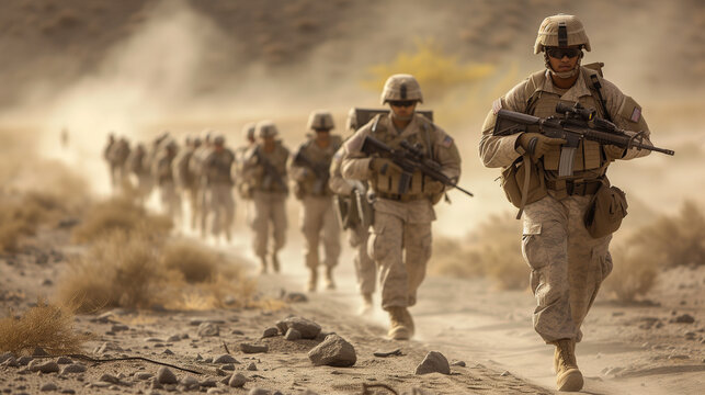 Army infantry soldiers moving by foot through the desert. 