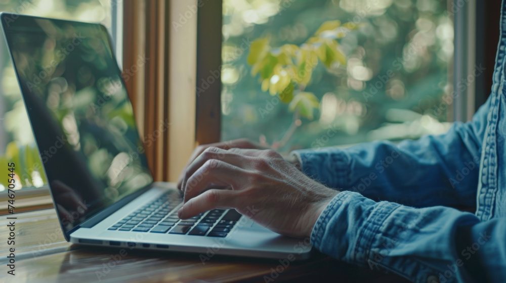 Poster hands typing on a laptop with a futuristic cybersecurity interface overlay.