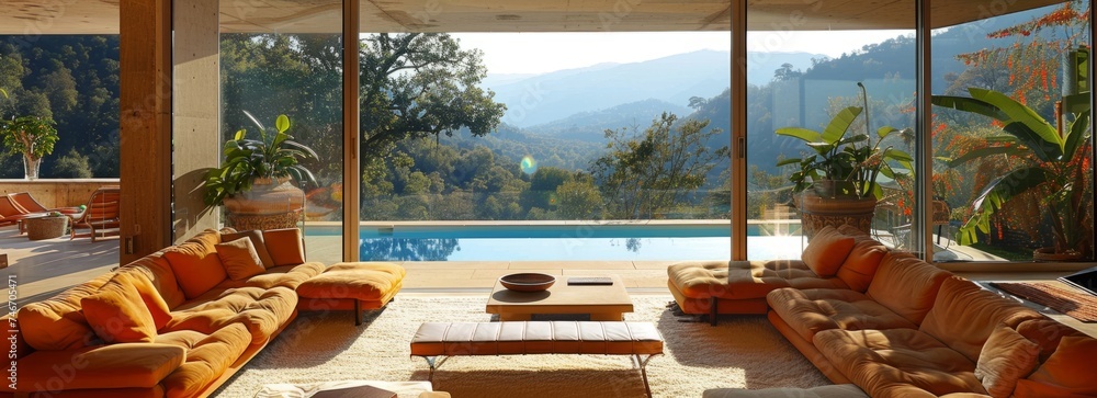 Poster large living room with windows looking at a pool and beautiful view generative ai