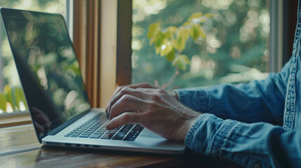 Hands typing on a laptop with a futuristic cybersecurity interface overlay.