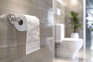 Toilet paper roll on holder on marble wall near toilet bowl