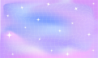 Groovy retro checkered wavy background. Stylish holographic backdrop with gradient mesh and stars.