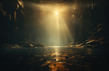 autumn sunrays over a treefilled forest, in the style of landscape photography, wood, light amber and bronze, evocative symbolism, accurate and detailed, mystic symbolism, high resolution - obrazy, fototapety, plakaty