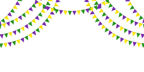 Mardi Gras traditional flag garland. Triangle pennants chain. Party pennants, window or wall decoration decoration. Celebration flags for decor