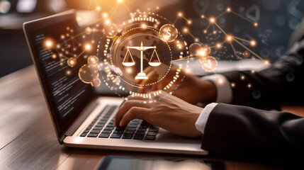 Legal advice business concept. Businessman use laptop with virtual law icon for business legal advice, Labor law, Lawyer, Attorney at law