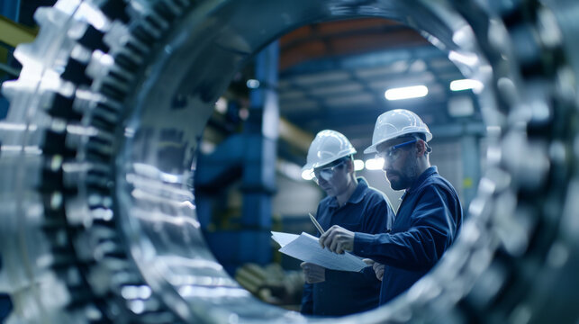two engineers in safety helmets and blue work clothes are inspecting or discussing a large metallic turbine or machinery component in an industrial setting.