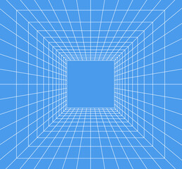 Grid room in perspective in 3d style. Indoor wireframe from white laser beam on  blue background, digital empty box. Abstract geometric design