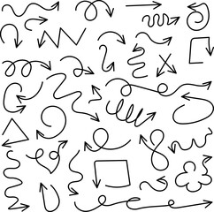 Hand drawn arrows icons set. Free form different curved lines, swirls arrows. Doodle marker drawing, direction pointers