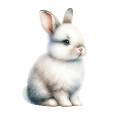 Watercolor illustration of Adorable white bunny with grey ears on a isolated on transparent background.