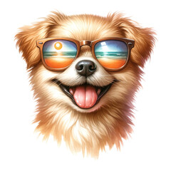 Watercolor illustration of Stylized illustration of a happy dog wearing sunglasses with a reflection.