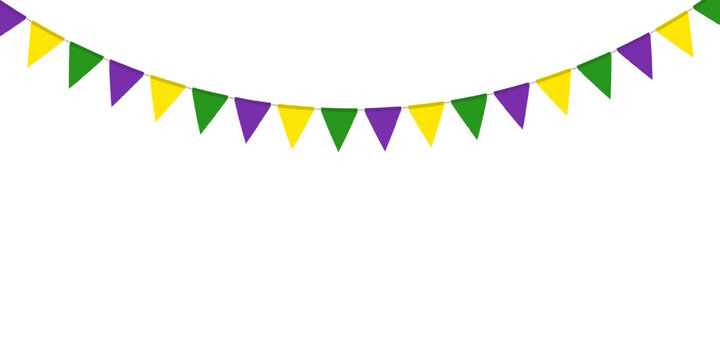 recommend clip art: Mardi Gras traditional flag garland. Triangle pennants chain. Party pennants, window or wall decoration decoration. Celebration flags for decor