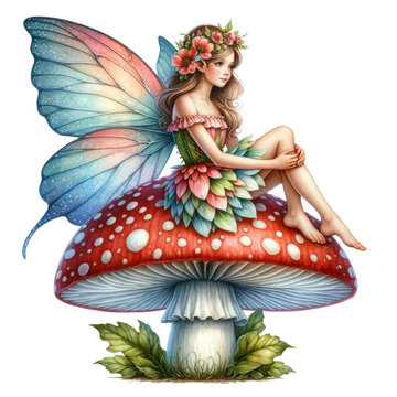 Watercolor illustration of Illustration of a whimsical fairy with delicate wings sitting atop a vibrant red mushroom, surrounded by green foliage.