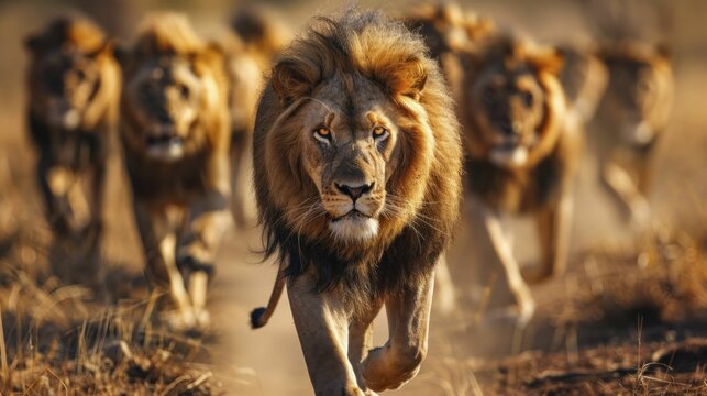Leader lion hunts strategically, focusing on eyes with blurred savannah backdrop for leadership inspiration.