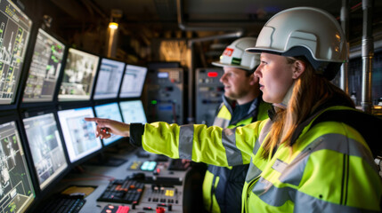 Fototapeta premium Two professionals in safety helmets and reflective jackets are attentively monitoring screens in an industrial control room.