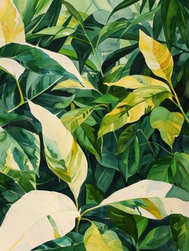 Green and Yellow Leaves Painting. Printable Wall Art.