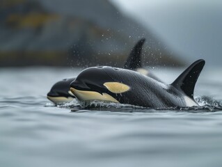 Orca pod, a strategic family unit, focused leader against blurry oceanic backdrop in hunting mode.