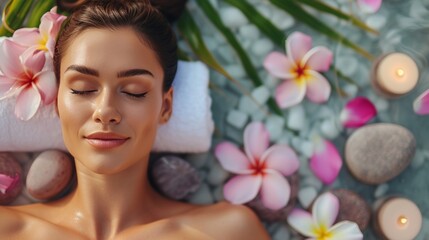 Top view relaxed woman lay on white towel for spa massage with frangipani flowers and hot spa stones, copy space for text.