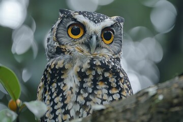 The owl perched high, overseeing its territory with a strategic hunter's gaze, its night vision piercing through the blurred forest at dusk in the background.