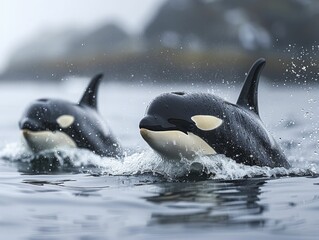 Orca pod hunting together, strategic family unit, leader in focus with blur oceanic background.
