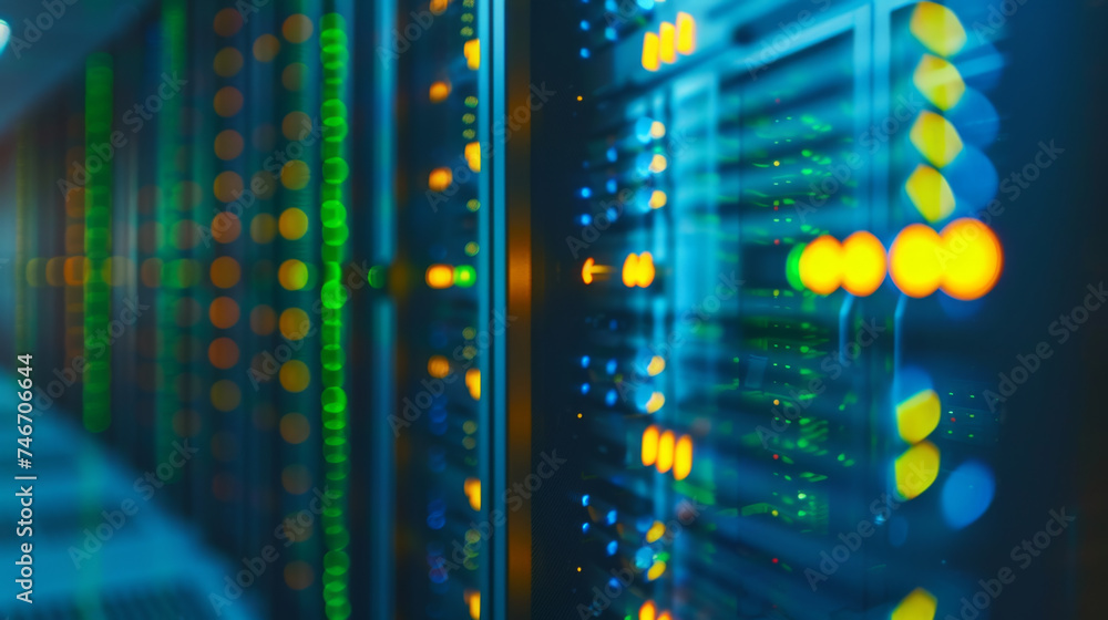 Poster blurred view of a data center with rows of server racks illuminated by blue and yellow led lights.