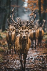 Stag's majestic leadership guides the herd through strategic forest paths against a soft blur woodland backdrop.