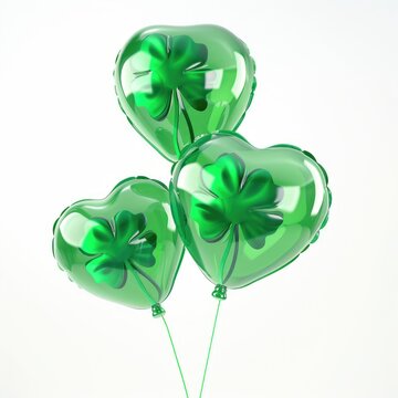 st patricks day, green heart shape shamrock foil balloon with ribbon isolated on a white background