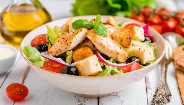 Salada mista com croutons e tiras de frango grelhado. Comida saud&aacute;vel. Mesa de madeira.
